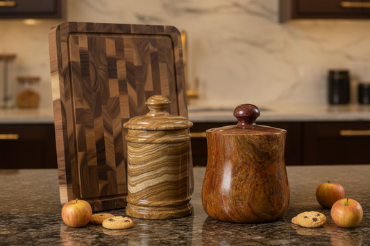 The Full Luxe Kitchen - Onyx Canisters and Acacia Cutting Board - Luxury Kitchen