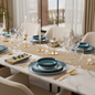Luxury table setting with dinnerware set on marble surface with gold accents