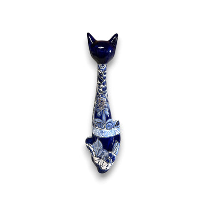 Tall Talavera Cat Statue | Handmade Blue & White Ceramic Figurine