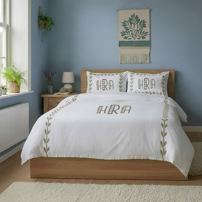 Monogram Layered Leaf Applique Cotton Duvet Cover Set